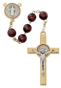 8mm Mahogany Wood Two-Tone St. Benedict Rosary