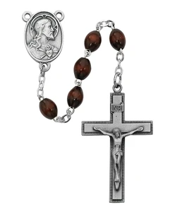 4x6mm Brown Wood Rosary with Sterling Silver Crucifix and Center R287LF