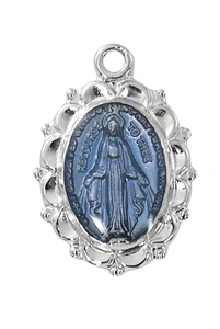 Sterling Silver Blue Miraculous Medal on Rhodium Chain L834