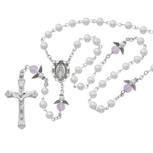 5mm White Pearl Rosary with Pink Angel Our Father Beads R553RW