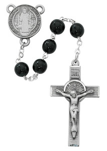 7mm Black Wood Rosary with Pewter St. Benedict Crucifix R545DF