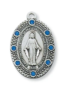 Sterling Silver Miraculous Medal with Blue Stones on 18" Chain L581