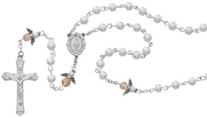 5mm White Pearl Rosary with Pink Angel Our Father Beads R553G