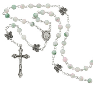Pink and Green Glass Butterfly Rosary R924W