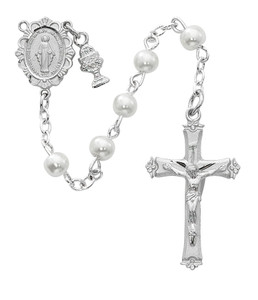 5mm White Pearl First Communion Rosary with Chalice C65RW