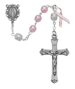 7mm Pink Pearl Cancer Awareness Rosary with Sterling Silver Crucifix and Center 791LF
