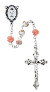 Pink Flower Ceramic First Communion Rosary with Chalice R768W