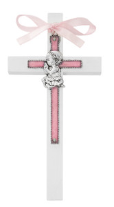 6" White Wall Cross with Pink Baby Girl Cross 73-83