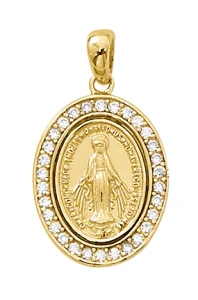 Gold over Sterling Silver Miraculous Medal with Cubic Zirconia on 18" Chain J701
