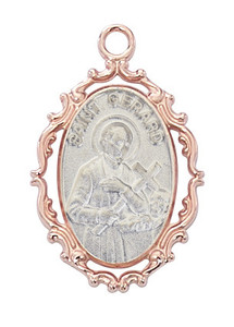 Sterling Silver St. Gerard Medal with Rose Gold Plated Border on 18" Chain JR796