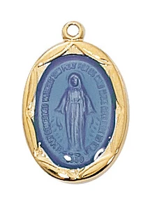 Gold over Sterling Silver Blue Epoxy Miraculous Medal on 16-18" Chain J602