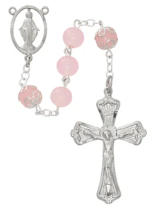 Pink Glass Capped Our Father Bead Rosary R986RF