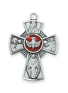 Sterling Silver Holy Spirit 4-Way Medal with Red Epoxy on 18" Chain L609E