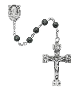 Genuine Hematite 6mm Rosary with Sterling Silver Crucifix and Center 163LF