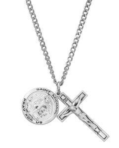 St. Michael Medal and Crucifix Sterling Silver Pendant Set on 24" Chain LD112