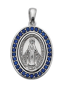 Sterling Silver Blue Stone Miraculous Medal on 18" Chain L698