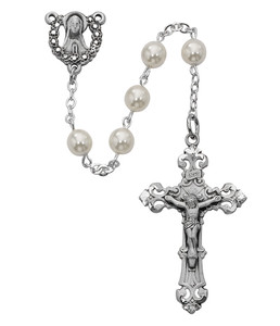 6mm Pearl Rosary with Sterling Silver Crucifix and Center R274LF