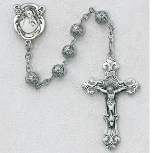 Silver Filigree 6mm Bead Rosary with Sterling Silver Crucifix and Center 808LF