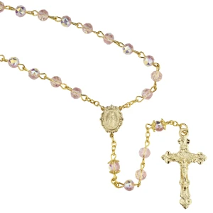 Gold Plated 6mm Pink AB Tin-Cut Crystal Rosary