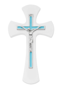 7" White Wood Wall Cross with Blue Crucifix 73-82