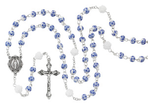 6mm Blue Flower Ceramic Rosary with White Flower Our Father Beads R871F