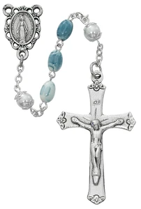 Oval Blue Swirl Glass Bead Rosary