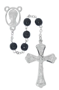 7mm Black Glass Rosary with Rhodium Crucifix R954RF