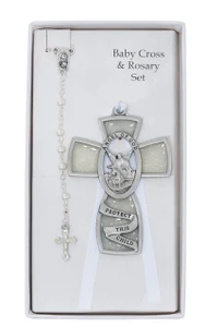 White Guardian Angel Cross and Pearl Rosary Baby Set BS12