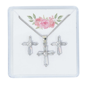Crystal Baguette Cross Earrings and Pendant Set PES13