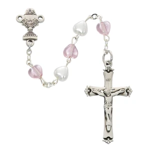 White and Pink Heart Bead First Communion Rosary with Sterling Silver Crucifix and Chalice C81LW