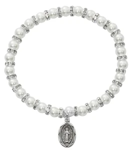 Pearl Baby Stretch Bracelet with Sterling Silver Miraculous Medal BR42