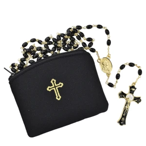 7mm Black Glass Holy Mass Rosary with Pouch R559HP