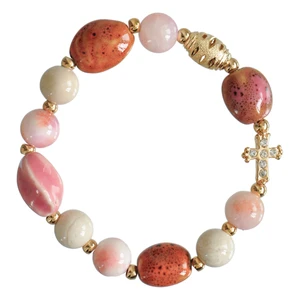 Rosary Bracelet with 10mm Pink and White Gemstone and Ceramic Beads, RBA61