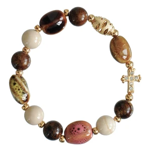 Rosary Bracelet with 10mm Tan and Brown Gemstone and Ceramic Beads, RBA63