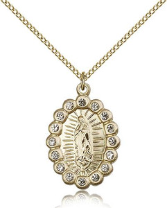 Gold Filled Our Lady of Guadalupe Pendant, Gold Filled Lite Curb Chain, 1" x 5/8" Gold Filled Our Lady of Guadalupe Pendant, Gold Filled Lite Curb Chain, 1" x 5/8"