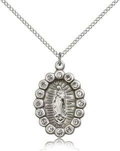 Sterling Silver Our Lady of Guadalupe Pendant, Lite Curb Chain, 1" x 5/8" Sterling Silver Our Lady of Guadalupe Pendant, Lite Curb Chain, 1" x 5/8"