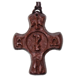 2" Wood Chi Rho Cross Necklace with Christian Symbols, SN03