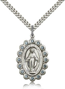 Sterling Silver Miraculous Pendant, Stainless Silver Heavy Curb Chain, 1 1/8" x 3/4" Sterling Silver Miraculous Pendant, Stainless Silver Heavy Curb Chain, 1 1/8" x 3/4"