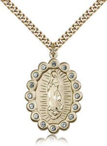 Gold Filled Our Lady of Guadalupe Pendant, Stainless Gold Heavy Curb Chain, 1 1/4" x 7/8" Gold Filled Our Lady of Guadalupe Pendant, Stainless Gold Heavy Curb Chain, 1 1/4" x 7/8"