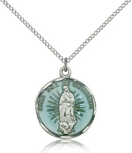 Sterling Silver Our Lady of Guadalupe Pendant, Lite Curb Chain, 7/8" x 3/4" Sterling Silver Our Lady of Guadalupe Pendant, Lite Curb Chain, 7/8" x 3/4"