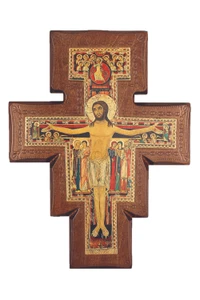 San Damiano Cross on Walnut Stained Border 11.5" ALPG-548