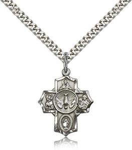 Sterling Silver 5-Way Pendant, Stainless Silver Heavy Curb Chain, 7/8" x 3/4" Sterling Silver 5-Way Pendant, Stainless Silver Heavy Curb Chain, 7/8" x 3/4"