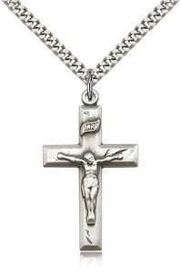 Sterling Silver Crucifix Pendant, Stainless Silver Heavy Curb Chain, 1 3/8" x 3/4" Sterling Silver Crucifix Pendant, Stainless Silver Heavy Curb Chain, 1 3/8" x 3/4"