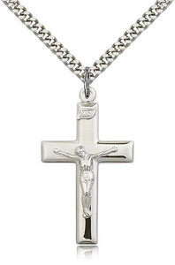 Sterling Silver Crucifix Pendant, Stainless Silver Heavy Curb Chain, 1 3/8" x 3/4" Sterling Silver Crucifix Pendant, Stainless Silver Heavy Curb Chain, 1 3/8" x 3/4"