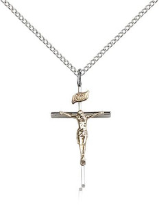 Two-Tone GF/SS Crucifix Pendant, Lite Curb Chain, 1" x 1/2"