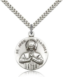 Sterling Silver St. John Vianney Pendant, Stainless Silver Heavy Curb Chain, 1" x 7/8" Sterling Silver St. John Vianney Pendant, Stainless Silver Heavy Curb Chain, 1" x 7/8"