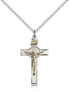 Two-Tone GF/SS St. Benedict Crucifix Pendant, Lite Curb Chain, 1 1/8" x 5/8"