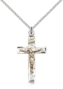 Two-Tone GF/SS Crucifix Pendant, Lite Curb Chain, 1 1/4" x 5/8"