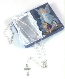 Guardian Angel Pink Rosary with Holy Card Baptism Girl Set Guardian Angel Pink Rosary with Holy Card Baptism Girl Set