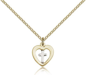 Two-Tone SS/GF Heart / Cross Pendant, Gold Filled Lite Curb Chain, 1/2" x 3/8"